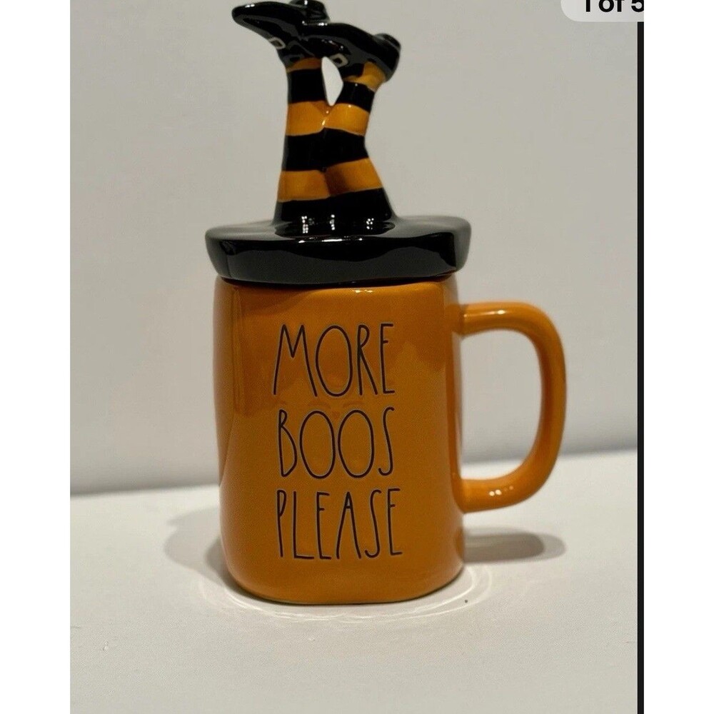 Rae Dunn Halloween MORE BOOS PLEASE Orange Black Mug Witch Legs Topper